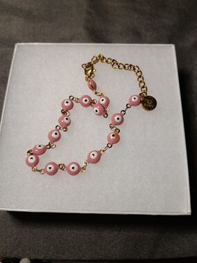 Pink Evil Eye Bead Ankle Bracelet with Gold Chain by EVRY